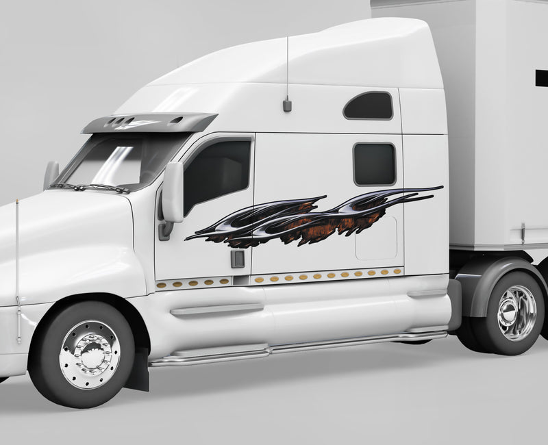 flaming spear decal on the side with semi trailer